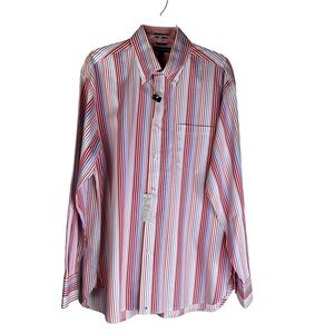 Tommy Hilfiger Red White Blue Stripe Button Down Shirt, Pocket Size Large New